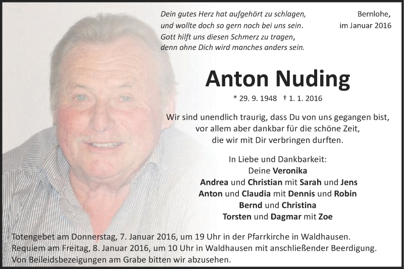  Traueranzeige für Anton Nuding vom 05.01.2016 aus Schwäbische Post