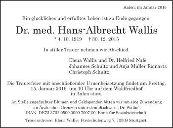 Traueranzeige von Hans-Albrecht Wallis von Schwäbische Post