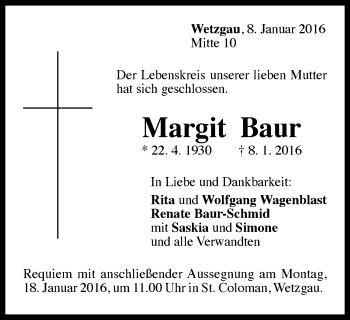Traueranzeige von Margit Baur von Gmünder Tagespost