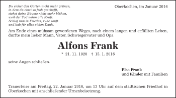 Traueranzeige von Alfons Frank von Schwäbische Post