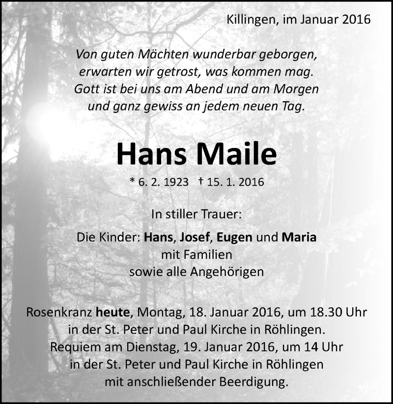  Traueranzeige für Hans Maile vom 18.01.2016 aus Schwäbische Post