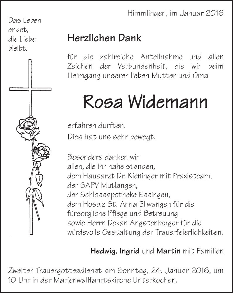  Traueranzeige für Rosa Widemann vom 21.01.2016 aus Schwäbische Post