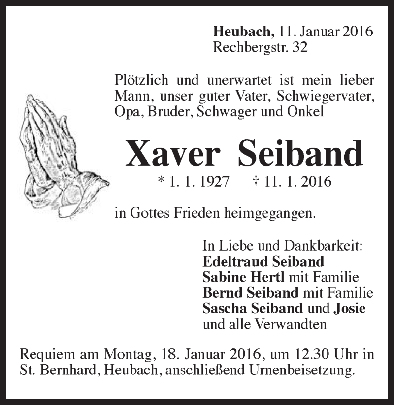  Traueranzeige für Xaver Seiband vom 13.01.2016 aus Gmünder Tagespost