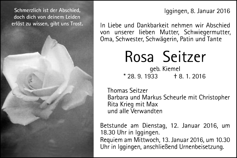  Traueranzeige für Rosa Seitzer vom 11.01.2016 aus Gmünder Tagespost