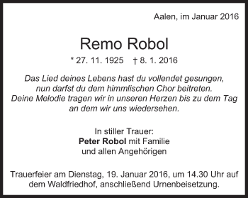 Traueranzeige von Remo Robol von Schwäbische Post