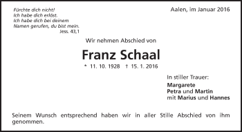 Traueranzeige von Franz Schaal von Schwäbische Post