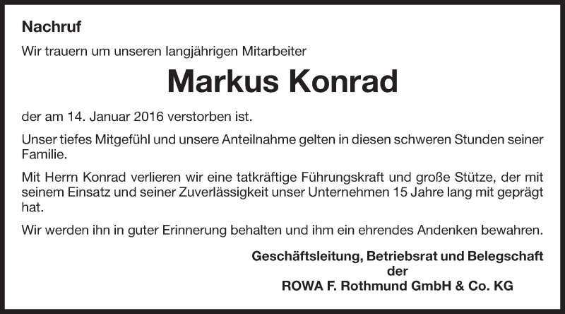  Traueranzeige für Markus Konrad vom 25.01.2016 aus Schwäbische Post
