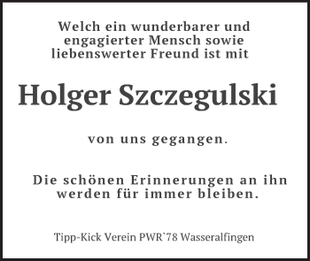 Traueranzeige von Holger Szczegulski von Schwäbische Post