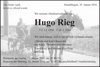 Traueranzeige von Hugo Rieg von Gmünder Tagespost