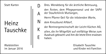 Traueranzeige von Heinz Tauschke von Gmünder Tagespost
