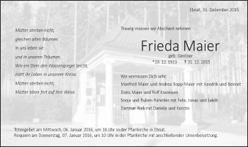 Traueranzeige von Frieda Maier von Schwäbische Post