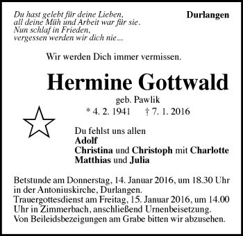 Traueranzeige von Hermine Gottwald von Gmünder Tagespost
