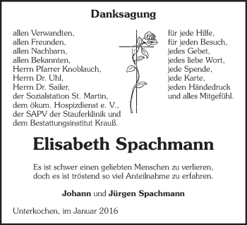 Traueranzeige von Elisabeth Spachmann von Schwäbische Post