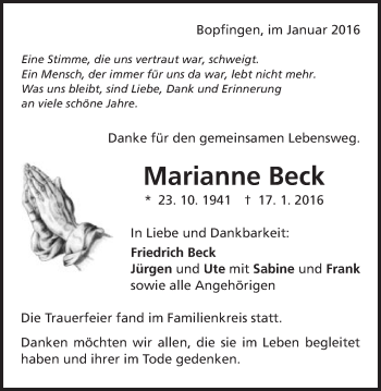 Traueranzeige von Marianne Beck von Schwäbische Post