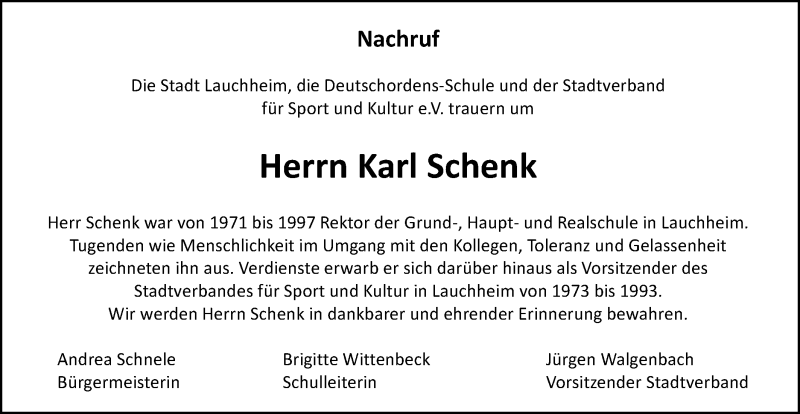  Traueranzeige für Karl Schenk vom 04.01.2016 aus Schwäbische Post