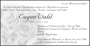 Traueranzeige von Eugen Wahl von Gmünder Tagespost