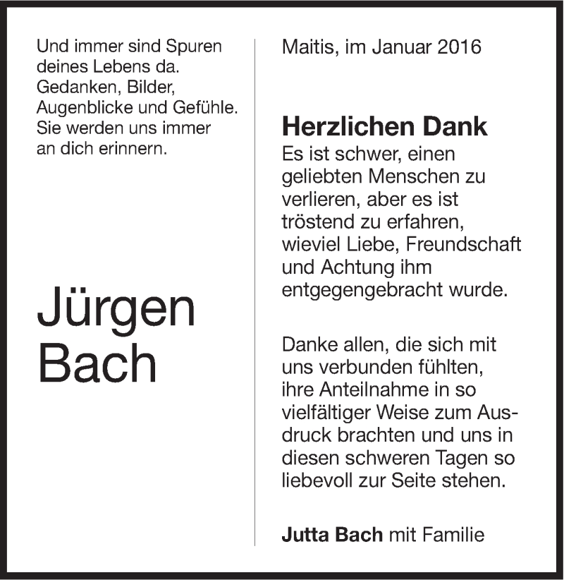  Traueranzeige für Jürgen Norbert Bach vom 23.01.2016 aus Gmünder Tagespost