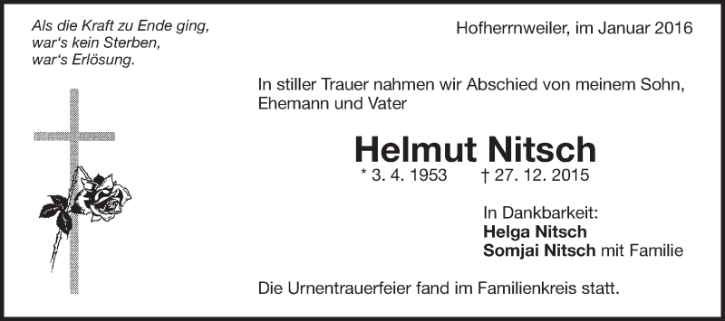  Traueranzeige für Helmut Nitsch vom 13.01.2016 aus Schwäbische Post