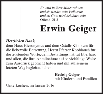 Traueranzeige von Erwin Geiger von Schwäbische Post