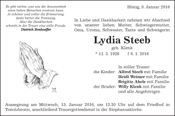 Traueranzeige von Lydia Steeb von Gmünder Tagespost