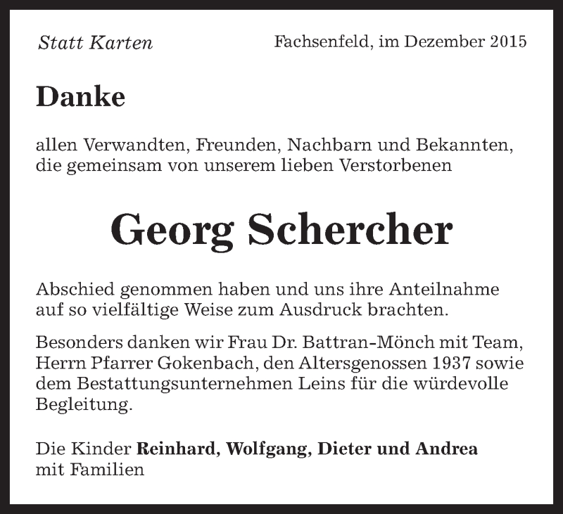  Traueranzeige für Georg Schercher vom 07.01.2016 aus Schwäbische Post