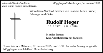 Traueranzeige von Rudolf Heger von Gmünder Tagespost