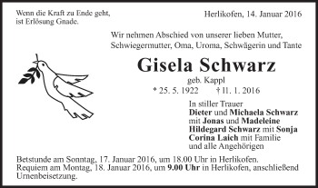 Traueranzeige von Gisela Schwarz von Gmünder Tagespost