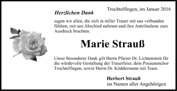 Traueranzeige von Marie Strauß von Schwäbische Post