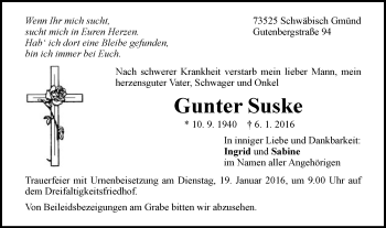 Traueranzeige von Gunter Suske von Gmünder Tagespost