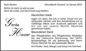 Traueranzeige von Gerda Hauser von Gmünder Tagespost