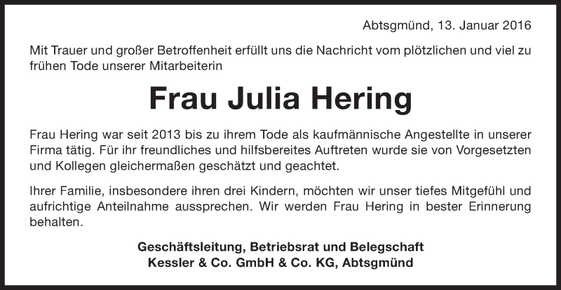  Traueranzeige für Julia Hering vom 13.01.2016 aus Schwäbische Post