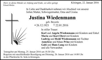 Traueranzeige von Justina Wiedenmann von Schwäbische Post