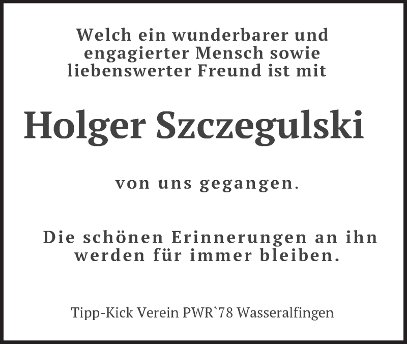  Traueranzeige für Holger Szczegulski vom 04.01.2016 aus Schwäbische Post