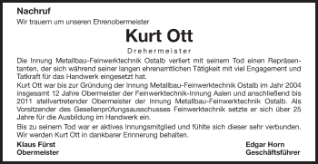 Traueranzeige von Kurt Ott von Schwäbische Post