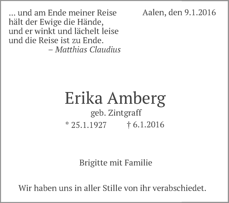  Traueranzeige für Erika Amberg vom 12.01.2016 aus Schwäbische Post
