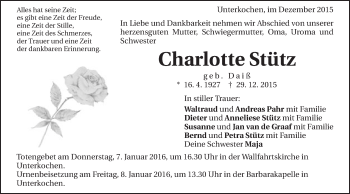 Traueranzeige von Charlotte Stütz von Schwäbische Post