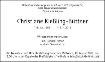 Traueranzeige von Christiane Kießling-Büttner von Gmünder Tagespost