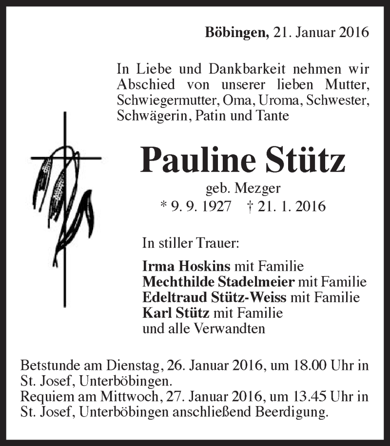  Traueranzeige für Pauline Stütz vom 23.01.2016 aus Gmünder Tagespost