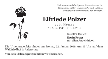 Traueranzeige von Elfriede Polzer von Schwäbische Post