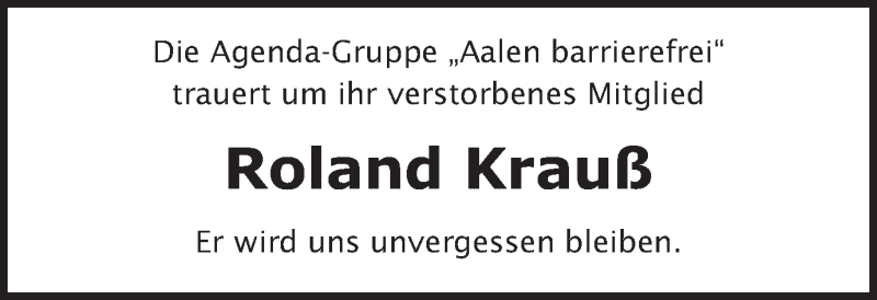  Traueranzeige für Roland Krauß vom 08.01.2016 aus Schwäbische Post