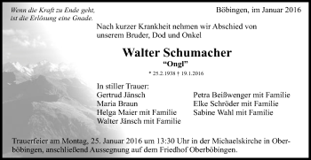 Traueranzeige von Walter Schumacher von Gmünder Tagespost