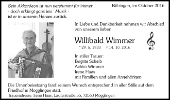 Traueranzeige von Willibald Wimmer von Gmünder Tagespost