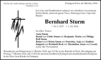 Traueranzeige von Bernhard Sturm von Schwäbische Post