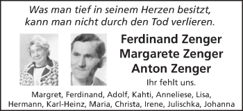 Traueranzeige von Margarete und Anton Zenger von Schwäbische Post