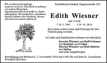 Traueranzeige von Edith Wiesner von Gmünder Tagespost