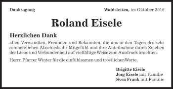 Traueranzeige von Roland Eisele von Gmünder Tagespost