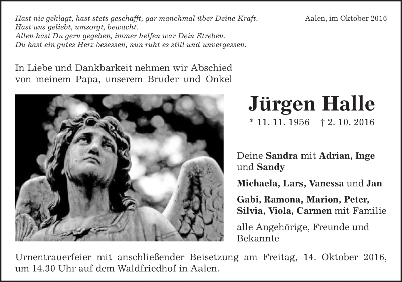  Traueranzeige für Jürgen Halle vom 12.10.2016 aus Schwäbische Post