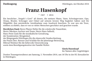Traueranzeige von Franz Hasenkopf von Schwäbische Post