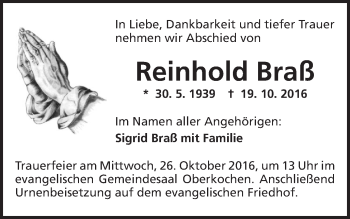 Traueranzeige von Reinhold Braß von Schwäbische Post