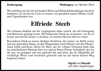 Traueranzeige von Elfriede Steeb von Gmünder Tagespost